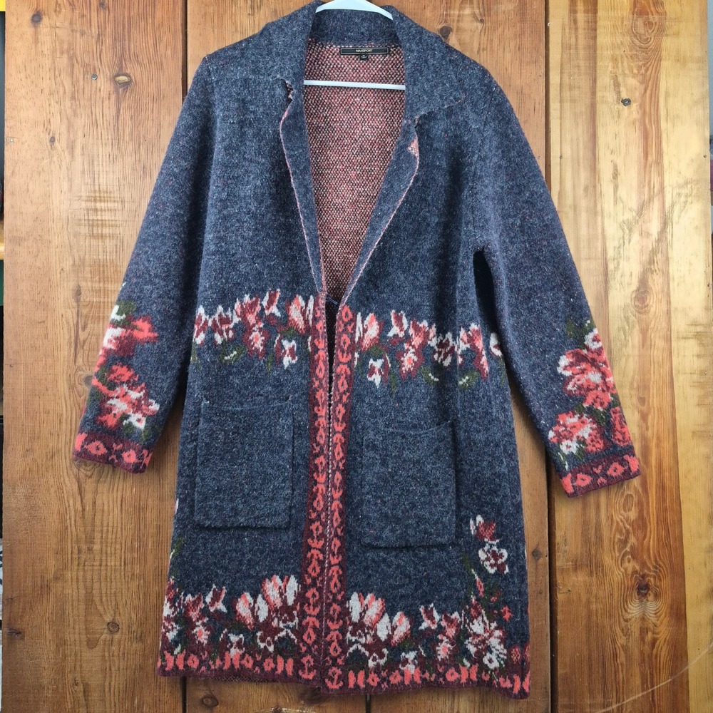 Maxsport Womens Floral Intarsia Knit Longline Cardigan Sweater Navy Blue Size M